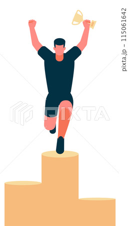 Sportsman jump on pedestal with trophy cup in hand 115061642