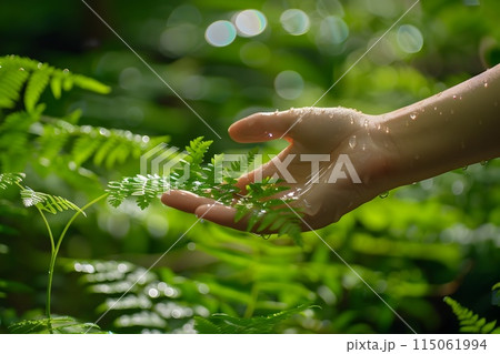 Hiker s Reverent Touch Amid the Verdant Forest Canopy 115061994
