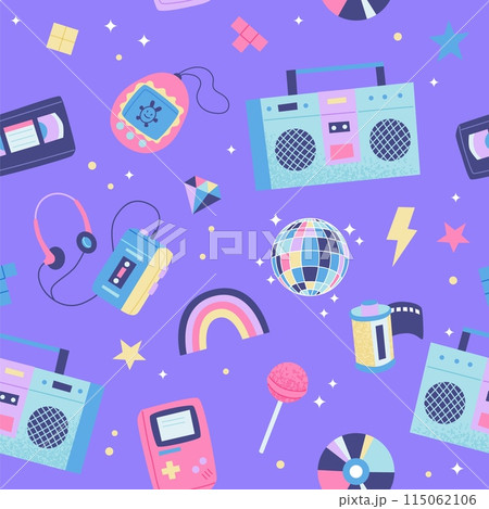 90s retro seamless pattern. Cute bright multicolor elements on purple background.. Vector illustration in trendy flat style 115062106