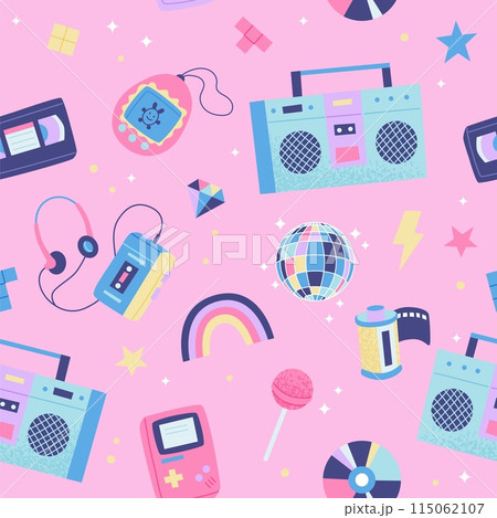 90s retro seamless pattern. Cute bright multicolor elements on pink background. Vector illustration in trendy flat style 115062107