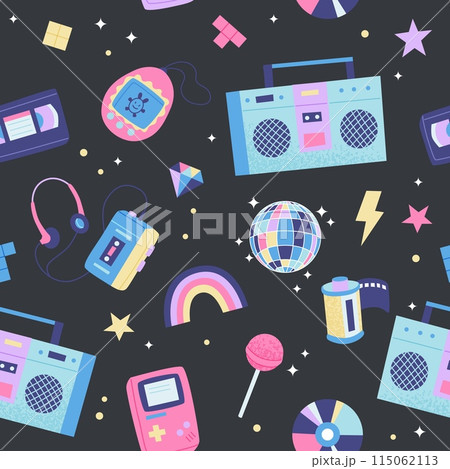 90s retro seamless pattern. Cute bright multicolor elements on dark background. Vector illustration in trendy flat style 90s retro seamless pattern. Cute bright multicolor elements on dark background. Vector illustration in trendy flat style 115062113