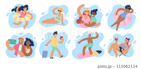 Summer holidays people set. Happy women, men and couples, beach vacation, sun and relax. Concept vector illustration Summer holidays people set. Happy women, men and couples, beach vacation, sun and relax. Concept vector illustration 115062114
