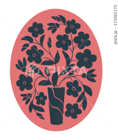 Floral abstract composition in oval shape. Flat duotone hand drawn illustration with bouquet in vase in printmaking technique with grunge texture and scratches. Good for posters Floral abstract composition in oval shape. Flat duotone hand drawn illustration with bouquet in vase in printmaking technique with grunge texture and scratches. Good for posters 115062172