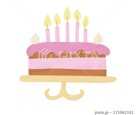 Birthday cake with burning candles and whipped cream in flat style with dotted texture and in candy pastel colors. Vector holiday illustration. Flat drawings isolated on white background 115062181