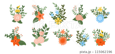 Set of flat hand drawn abstract floral compositions. Vector colored illustration isolated on white background. Unique print design for printout, poster, interior decor, stickers Set of flat hand drawn abstract floral compositions. Vector colored illustration isolated on white background. Unique print design for printout, poster, interior decor, stickers 115062196