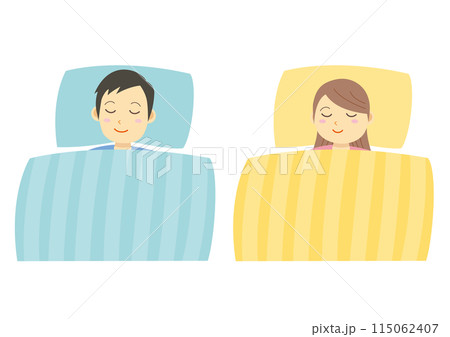 布団で眠る男性と女性のイラストのセット 布団で眠る男性と女性のイラストのセット 115062407