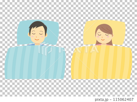 布団で眠る男性と女性のイラストのセット 布団で眠る男性と女性のイラストのセット 115062407