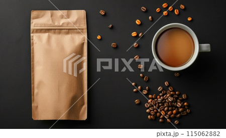 Coffee pack. Dark background with copyspace. Roasted beans and mockup bag template Coffee pack. Dark background with copyspace. Roasted beans and mockup bag template 115062882