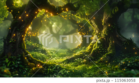 Fantasy magical tree forest with luminous plant. Fantasy magical tree forest with luminous plant. 115063058