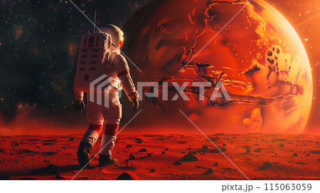 Space man walking on the red planet, space exploration mission. Space man walking on the red planet, space exploration mission. 115063059