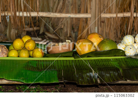 Altar with fruits and food of the Hanal Pixan, Valladolid, Mexico 115063302