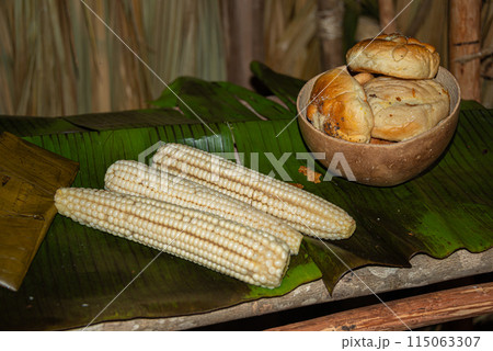 Bread and corn in Hanal Pixan celebration, Yucatan, Mexico 115063307