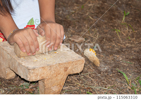 Mayan woman grinding corn in a metate, Yucatan, Mexico Mayan woman grinding corn in a metate, Yucatan, Mexico 115063310