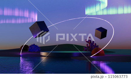3D render, Surreal landscape Podium on dune with glowing neon circle and cube flying in the air over aurora sky background, product presentation. 3D render, Surreal landscape Podium on dune with glowing neon circle and cube flying in the air over aurora sky background, product presentation. 115063773