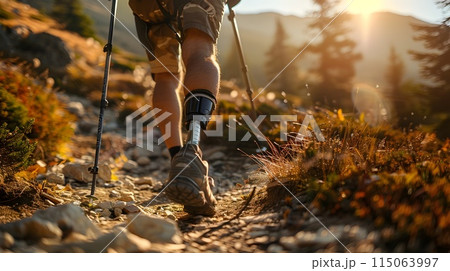 Adventurous Hike on Mountain Trail with Prosthetic Leg Overcoming Challenges Adventurous Hike on Mountain Trail with Prosthetic Leg Overcoming Challenges 115063997