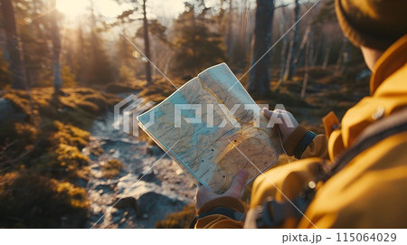 Detailed map in hiker s hand with highlighted trail amid spring scenery showcasing and adventure 115064029