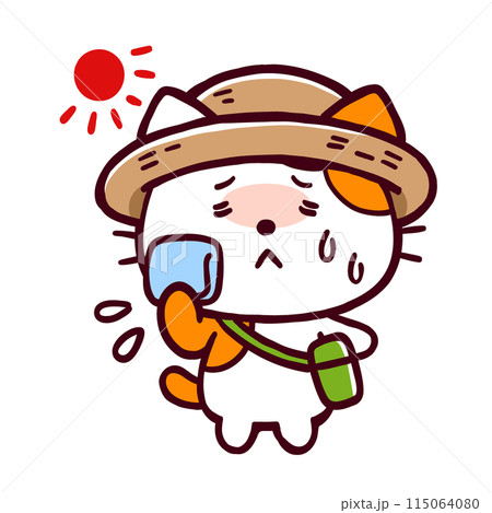 暑すぎて汗を拭き取るコミカルなネコ　太陽 115064080