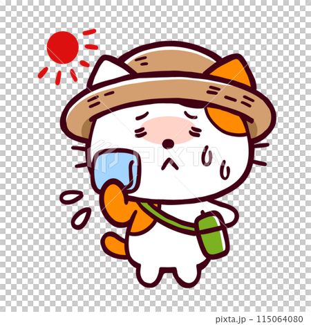暑すぎて汗を拭き取るコミカルなネコ　太陽 115064080