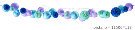 Stylish garland with blue and purple elements isolated on white background. Can be used as divider, footer or header. Happy Birthday design element. Festoon. It s a boy, gender party. 3D render. 115064118