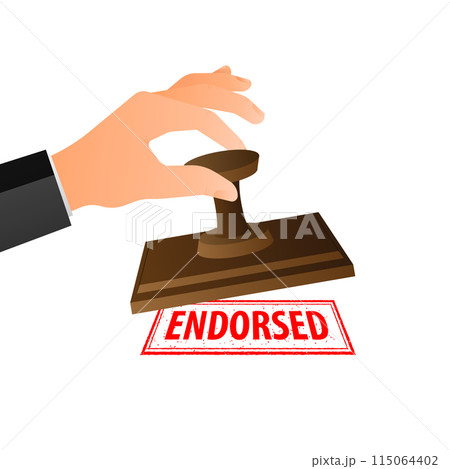 Hand is stamping a red seal that says Endorsed. Grunge vintage Endorsed square stamp Hand is stamping a red seal that says Endorsed. Grunge vintage Endorsed square stamp 115064402