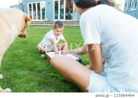 Joyful little boy and his mother are playing portable air hockey in the garden. Fun Playing Games in Backyard Lawn on Summer Day. Happy family time with pet together. Solo parenting. Active childhood. 115064464