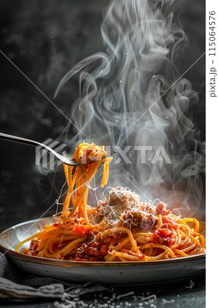 A plate of spaghetti with meatballs and cheese on top 115064576