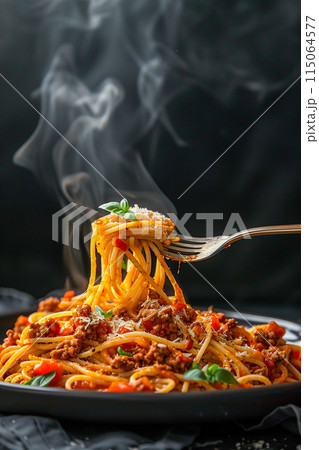 A fork is holding a piece of spaghetti with meatballs and cheese 115064577