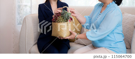 Young asian woman agent insurance visit customer elderly while giving fruit basket. Young asian woman agent insurance visit customer elderly while giving fruit basket. 115064700