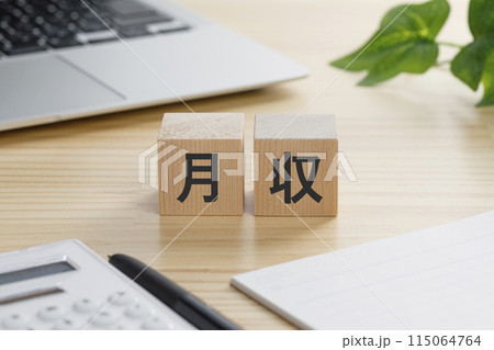 月収と書かれた積み木のブロック 月収と書かれた積み木のブロック 115064764