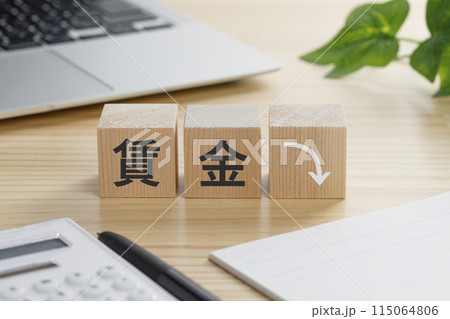 賃金⤵と書かれた積み木のブロック 賃金⤵と書かれた積み木のブロック 115064806