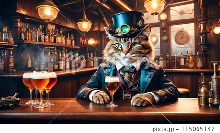 Vintage illustration of a steampunk cat at a bar behind the counter Vintage illustration of a steampunk cat at a bar behind the counter 115065137