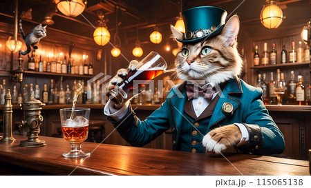 Vintage illustration of a steampunk cat at a bar behind the counter 115065138