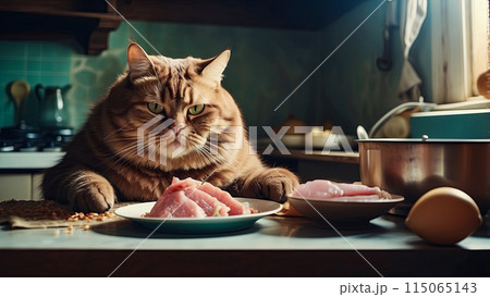 A big cat in the kitchen sits at the table and eats meat 115065143