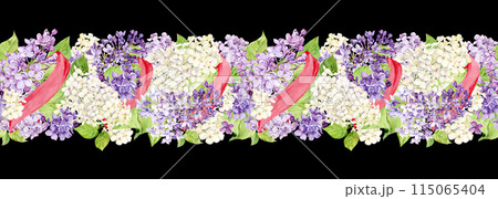 Horizontal seamless border with white and purple lilacs wrapped in pink silk ribbons. Watercolor spring flowers in botanical style. Hand drawn drawing on a black background for printing on fabric. 115065404