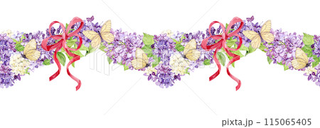 Horizontal seamless border with white and purple lilacs wrapped in pink silk ribbons. Watercolor spring flowers in botanical style and butterflies. Illustration for printing on fabric. 115065405