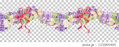 Horizontal seamless border with white and purple lilacs wrapped in pink silk ribbons. Watercolor spring flowers in botanical style and butterflies. Illustration for printing on fabric. 115065405