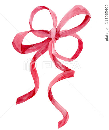 Cute bow made of silk ribbon. Watercolor illustration for a Valentine's Day greeting card. Valentine's Day, Birthday or Mother's Day. Pink satin bow for decorating a gift on transparent background. 115065409