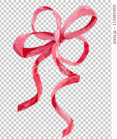 Cute bow made of silk ribbon. Watercolor illustration for a Valentine's Day greeting card. Valentine's Day, Birthday or Mother's Day. Pink satin bow for decorating a gift on transparent background. 115065409