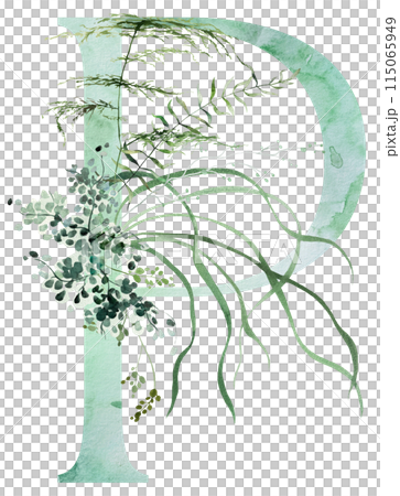 Green letter P with Watercolor whimsical tender leaves isolated illustration, wedding element 115065949