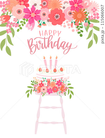 バースデーカード　ピンクの花束と苺のお誕生日ケーキ　Happy Birthday 文字入り 115066007