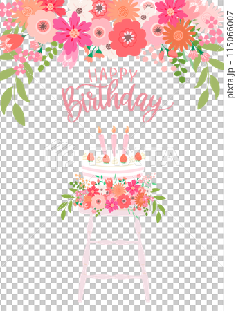 バースデーカード　ピンクの花束と苺のお誕生日ケーキ　Happy Birthday 文字入り 115066007