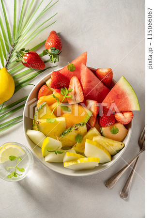 Summer fruits assortment platter antipasti, watermelon, pineapple, melon and strawberries. Summer fruits assortment platter antipasti, watermelon, pineapple, melon and strawberries. 115066067