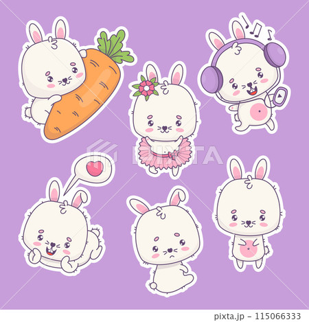 Collection cute white rabbit stickers. Ballerina girl, bunny in love, with carrot and headphones, unhappy sad baby. Isolated funny kawaii animal characters. Vector illustration. Kids collection 115066333