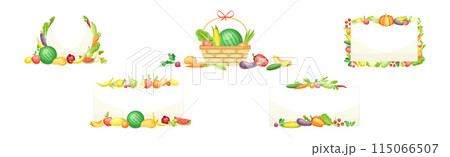 Bright Fruit and Vegetable Frame with Ripe and Fresh Agricultural Cultivar Vector Set Bright Fruit and Vegetable Frame with Ripe and Fresh Agricultural Cultivar Vector Set 115066507