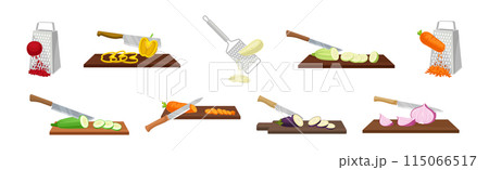 Vegetables Cut with Knife and Grating Process Vector Set 115066517