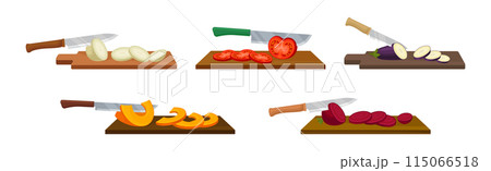 Vegetables Cut with Knife with Metal Blade Process Vector Set Vegetables Cut with Knife with Metal Blade Process Vector Set 115066518
