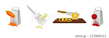 Vegetables Cut with Knife and Grating Process Vector Set Vegetables Cut with Knife and Grating Process Vector Set 115066521