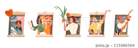 Man and Woman Character in Open Window as Neighbor Vector Illustration Set Man and Woman Character in Open Window as Neighbor Vector Illustration Set 115066569