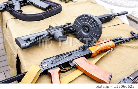 Russian Kalashnikov assault rifle with a drum magazine, AK-74 assault rifle Russian Kalashnikov assault rifle with a drum magazine, AK-74 assault rifle 115066623