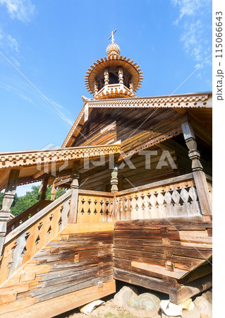 Wooden orthodox church in Vitoslavlitsy village, Veliky Novgorod, Russia 115066643